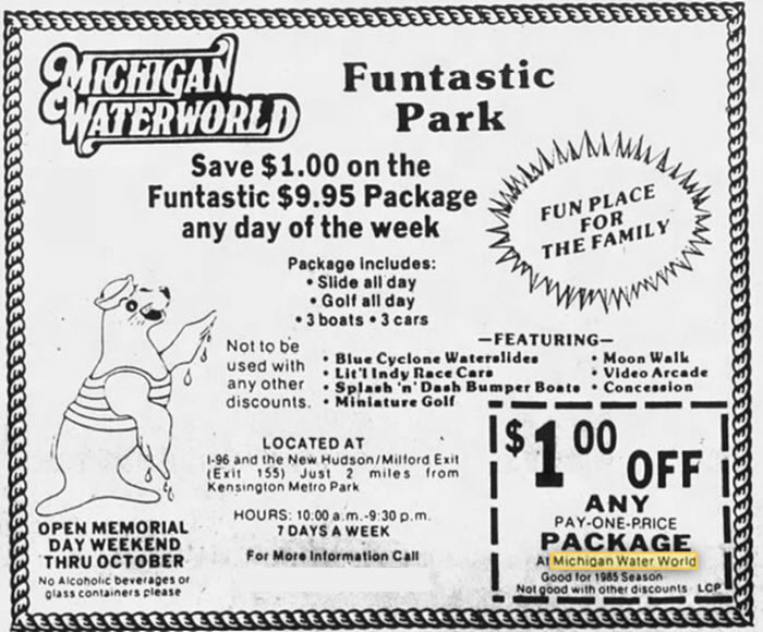 Michigan WaterWorld - July 31 1985 Ad For The Park (newer photo)